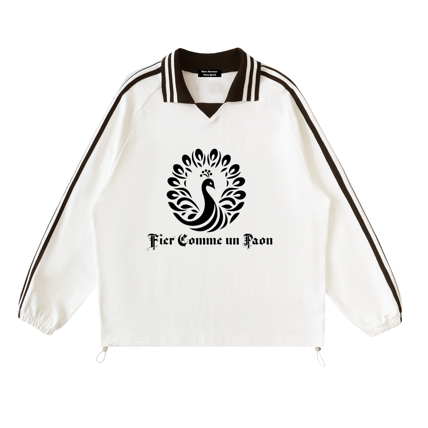 "Fier Comme un Paon" Contrast Striped Lapel Collar Sweatshirt (White)