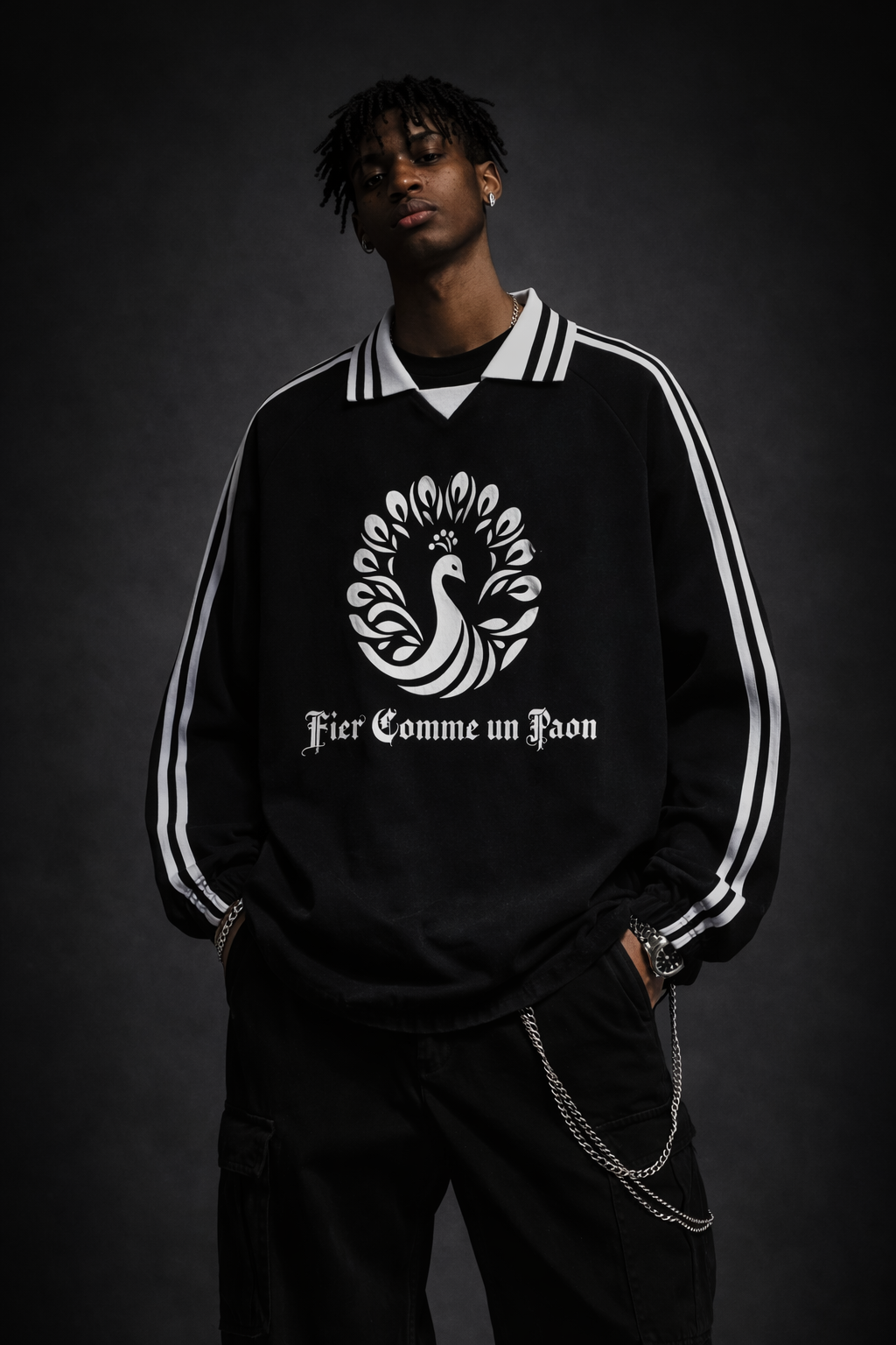 "Fier Comme un Paon" Contrast Striped Lapel Collar Sweatshirt (Black)