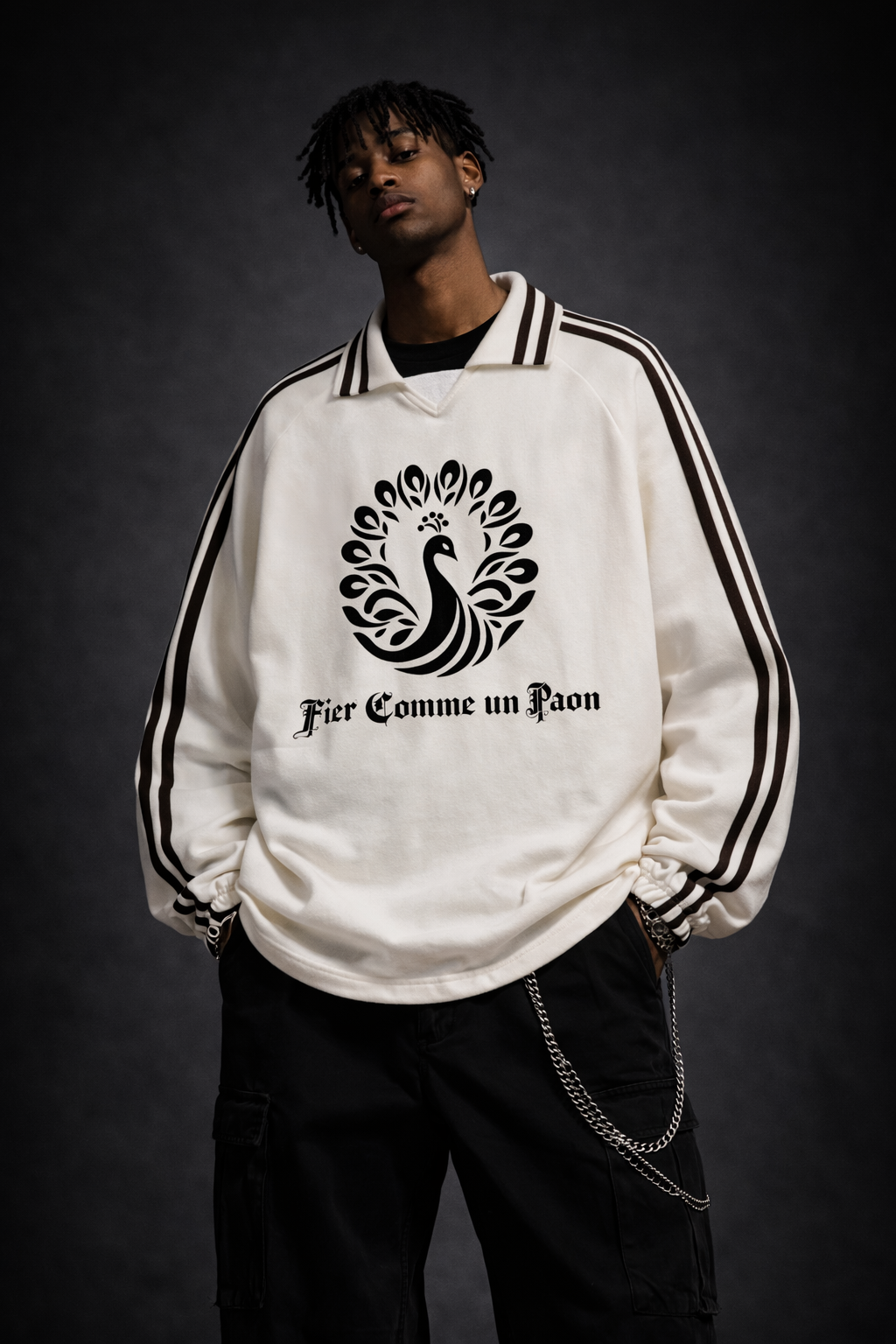 "Fier Comme un Paon" Contrast Striped Lapel Collar Sweatshirt (White)